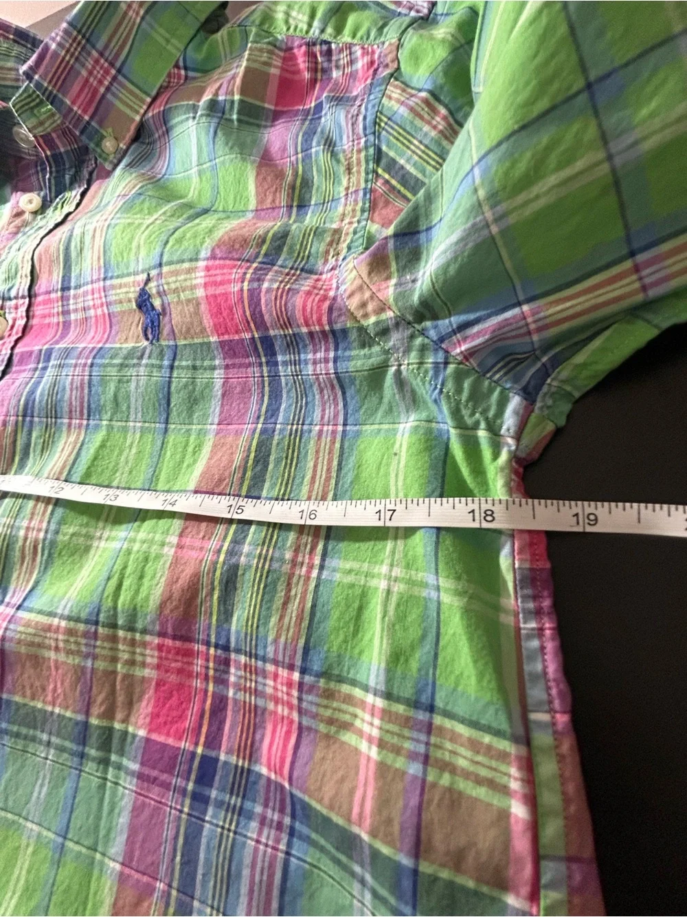 Ralph Lauren Boys Plaid Madras Button Down Shirt Size L 14-16 Green Pink Blue